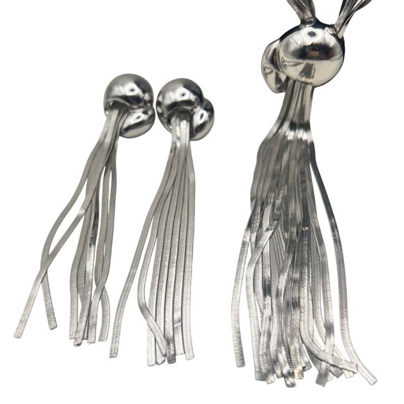 Silver Tone Necklace Earrings Set Multi Strand Snake Chain Long Tassel Runway - Picture 3 of 10